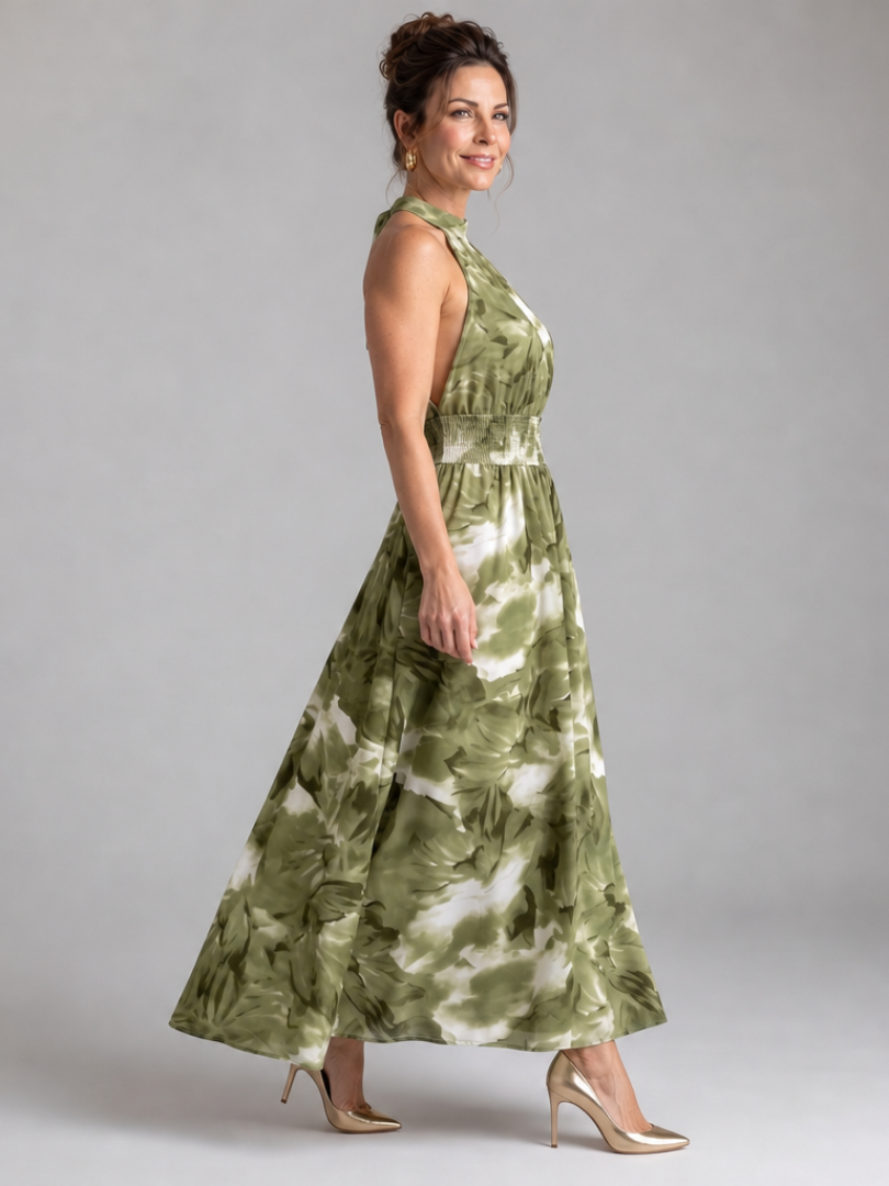 Olivia | Vestito midi con vita arricciata e stampa astratta