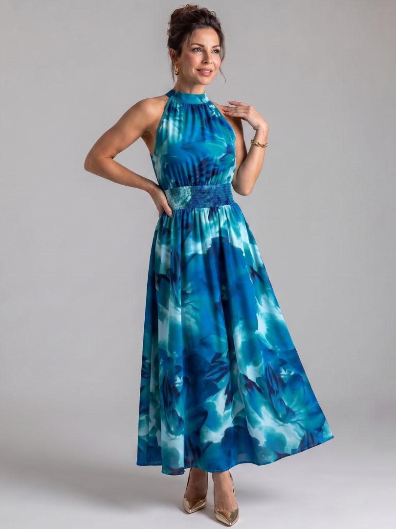 Olivia | Vestito midi con vita arricciata e stampa astratta