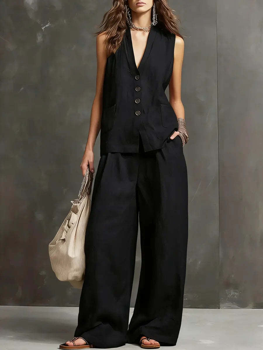 Aria • Completo due pezzi in cotone e lino con gilet senza maniche e pantaloni a gamba larga