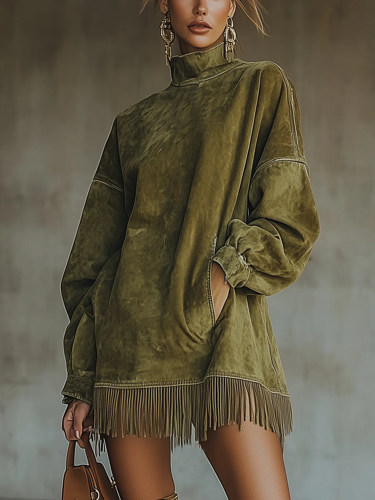 Amalia · Vestido con cuello alto y flecos