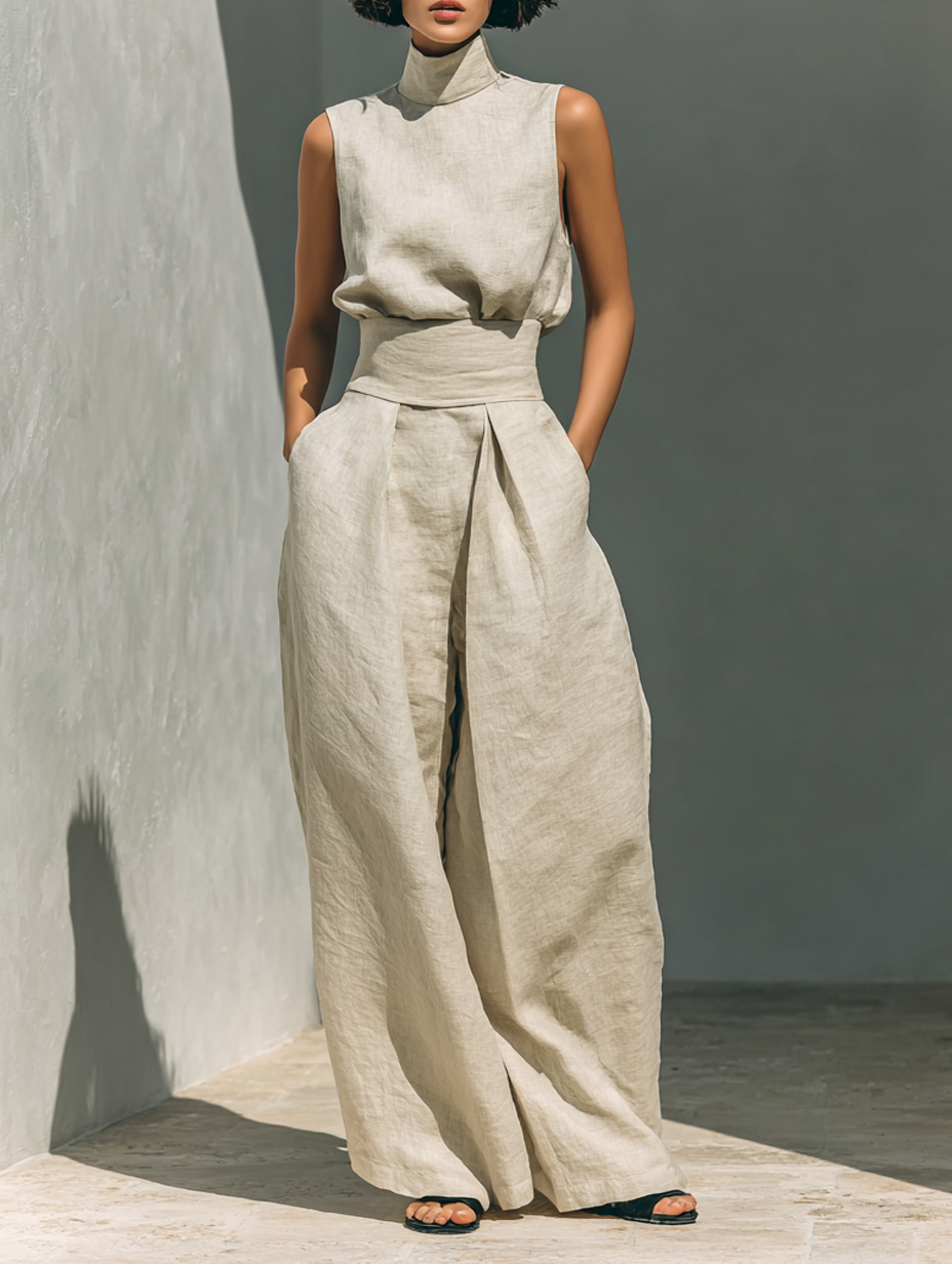 Anji • Set composto da camicetta senza maniche e pantaloni a gamba larga in misto cotone e lino