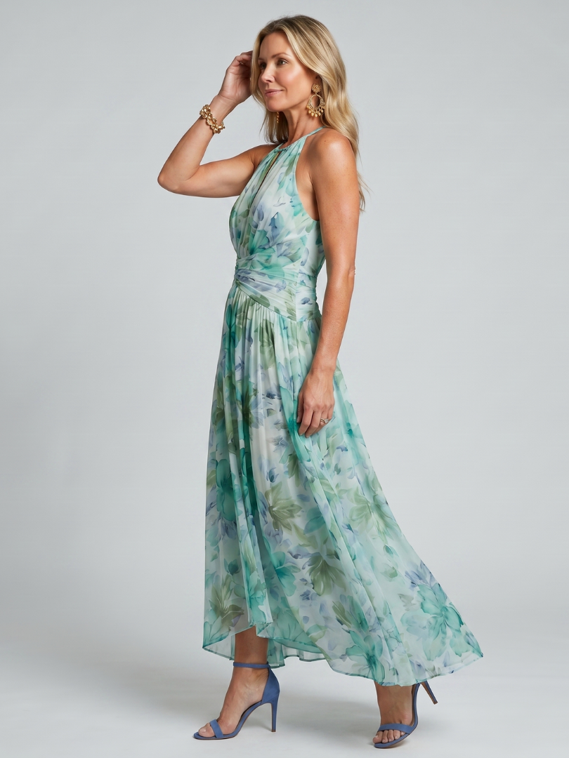 Portia | Vestito Midi con Scollo Halter a Pieghe e Motivo Floreale Morbido