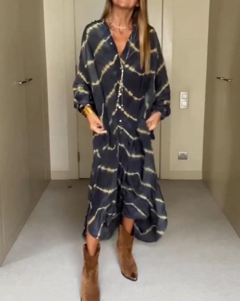 BOMEA - Vestito lungo a righe Boho con maniche lunghe