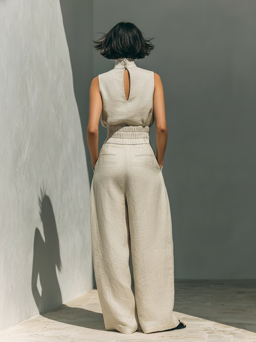 Anji • Set composto da camicetta senza maniche e pantaloni a gamba larga in misto cotone e lino