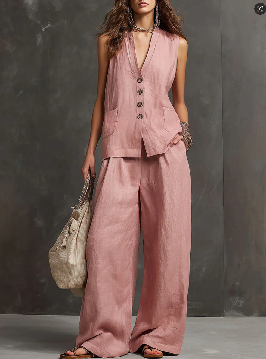 Aria • Completo due pezzi in cotone e lino con gilet senza maniche e pantaloni a gamba larga