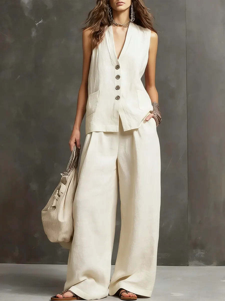 Aria • Completo due pezzi in cotone e lino con gilet senza maniche e pantaloni a gamba larga