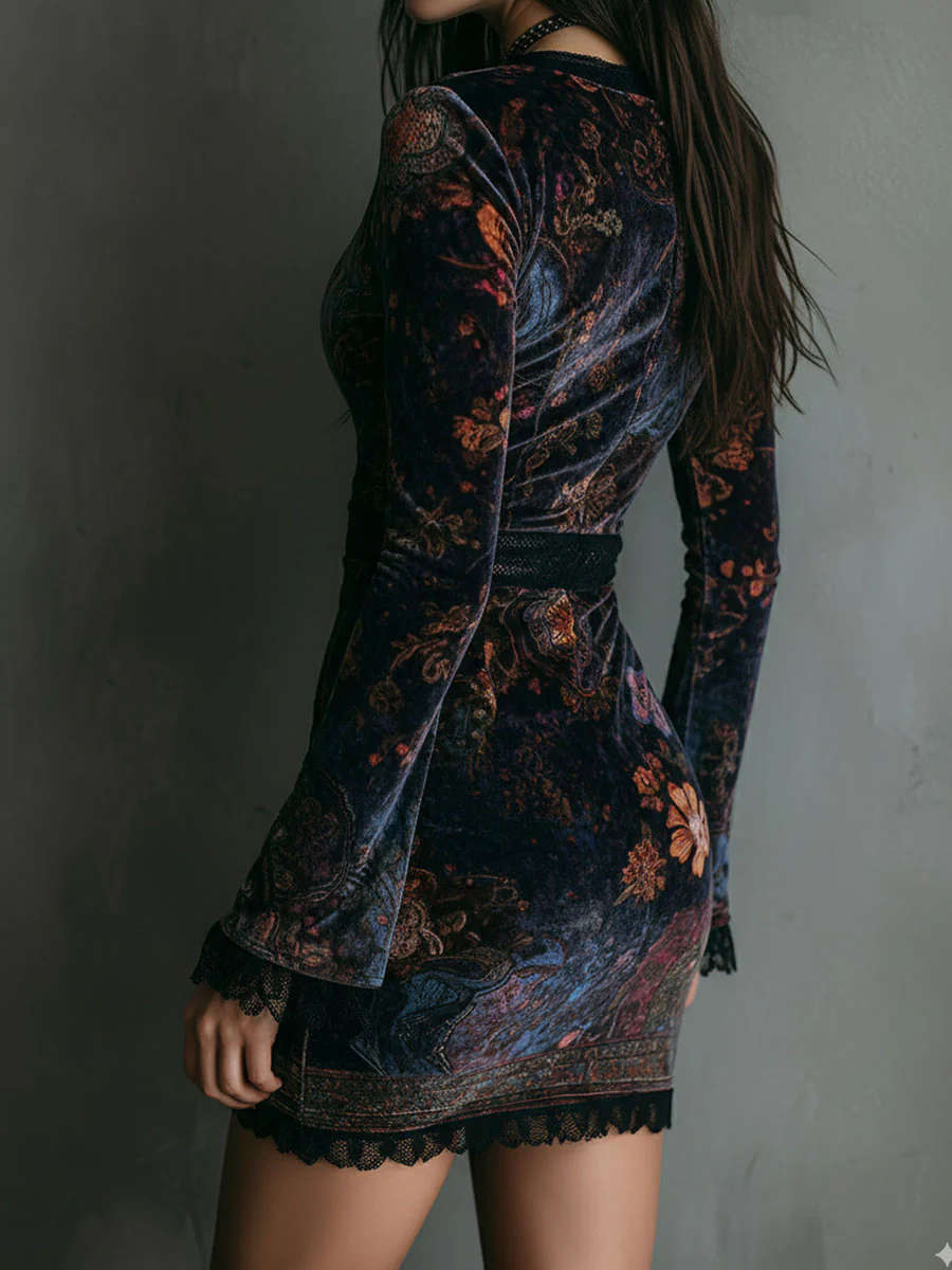 Liora ❘ Mini vestido floral de terciopelo con encaje