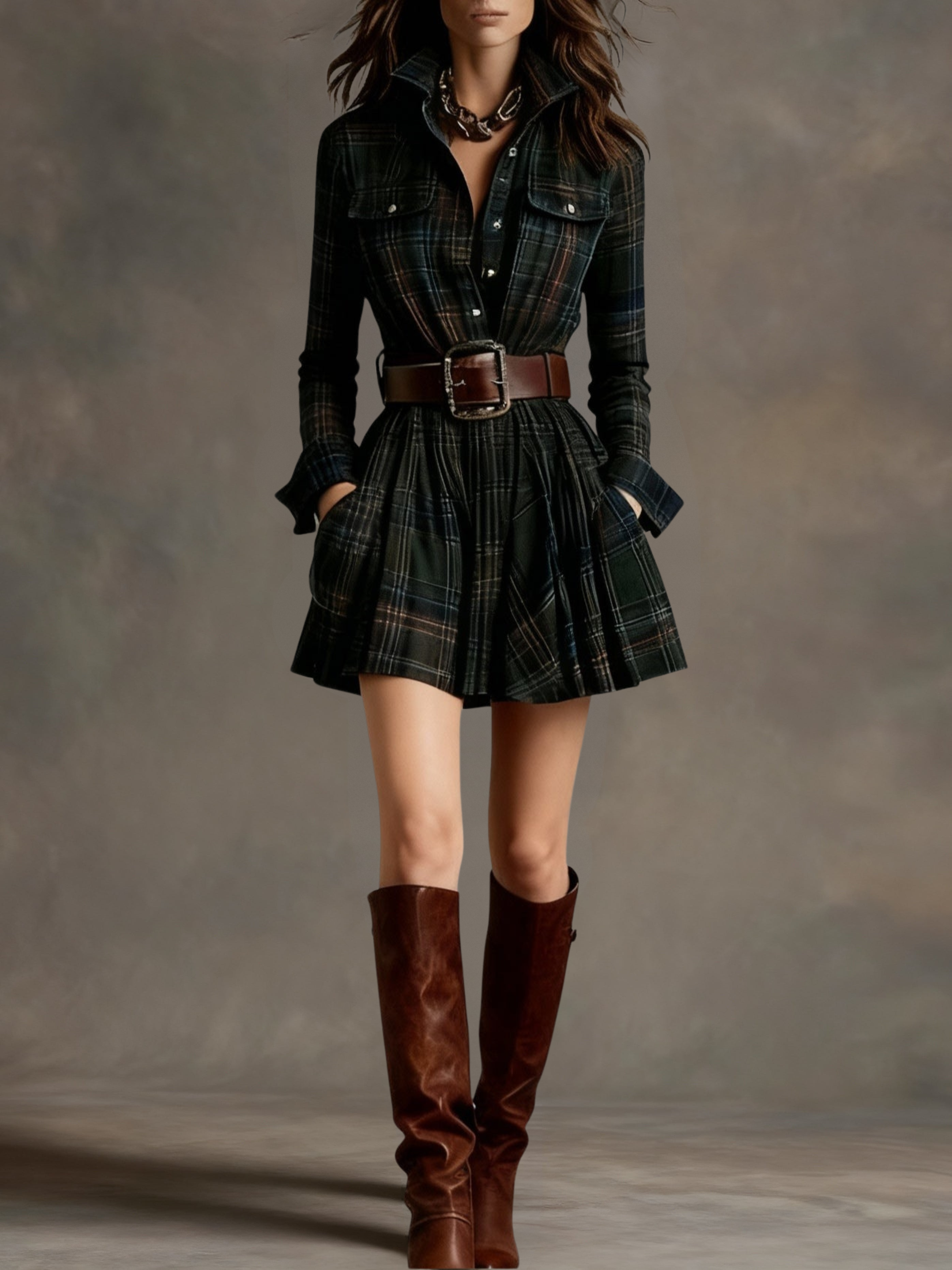 Bárbara · Vestido corto camisero de cuadros