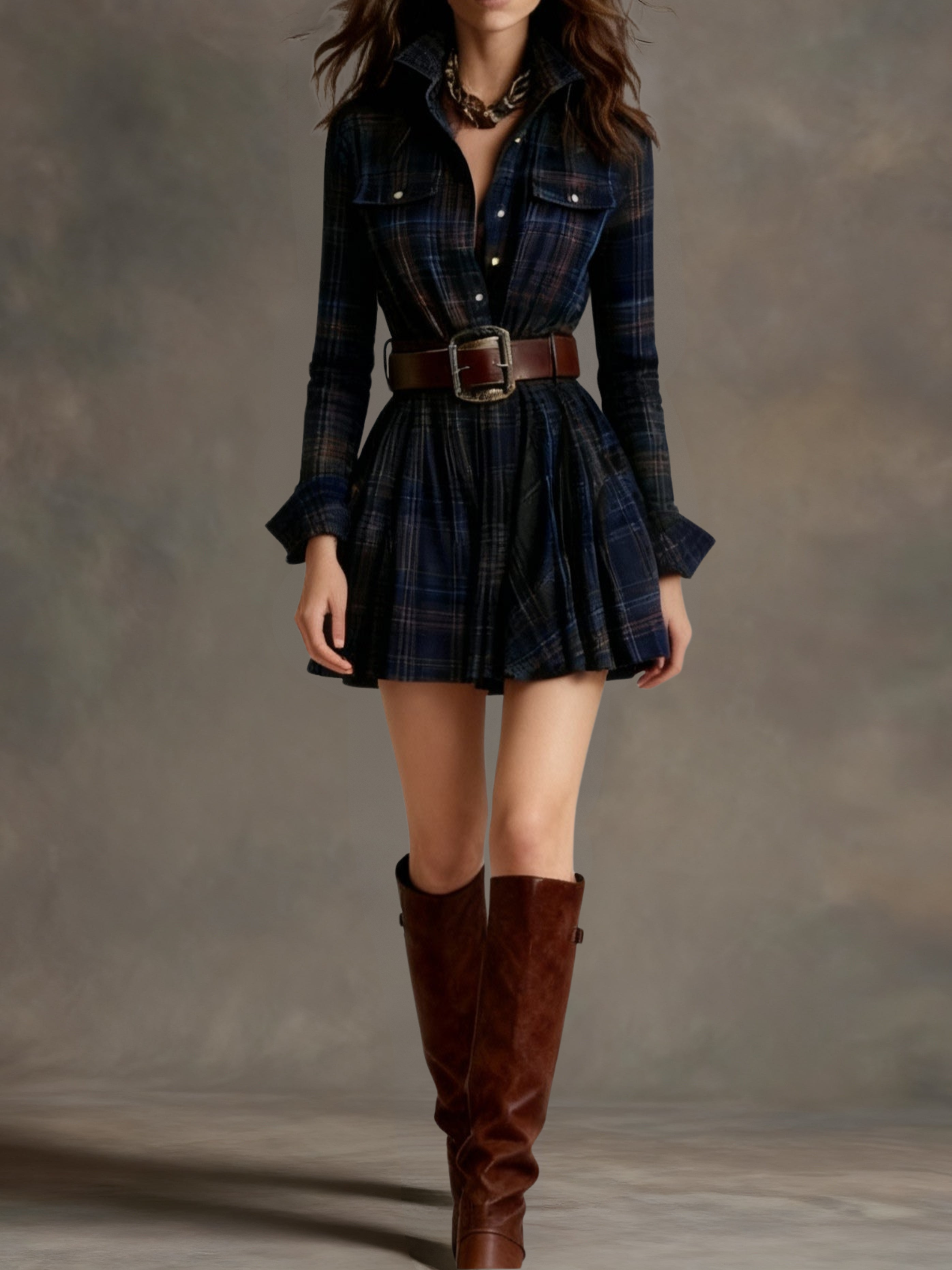 Bárbara · Vestido corto camisero de cuadros